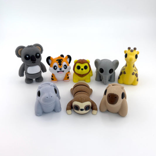 Baby Safari Animals 3D Printed Fidget Toys | Articulated Flexis – Lion, Tiger, Giraffe, Elephant, Koala, Hippo, Capybara, Sloth